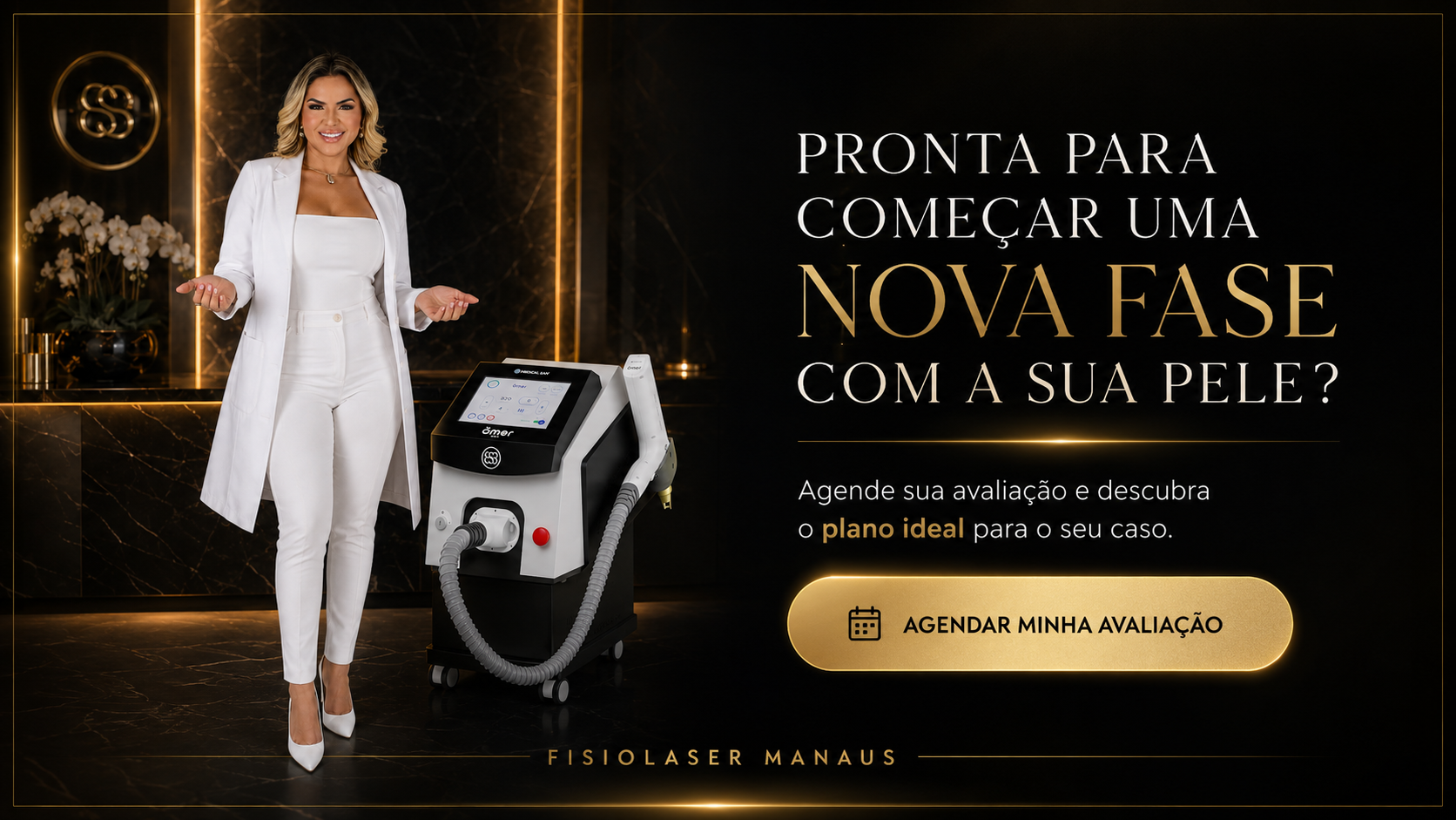 Profissional ao lado de equipamento de laser convidando para avaliacao.