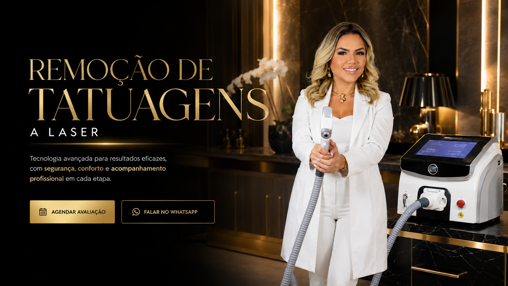 Profissional segurando equipamento de laser ao lado de aparelho para remocao de tatuagens.