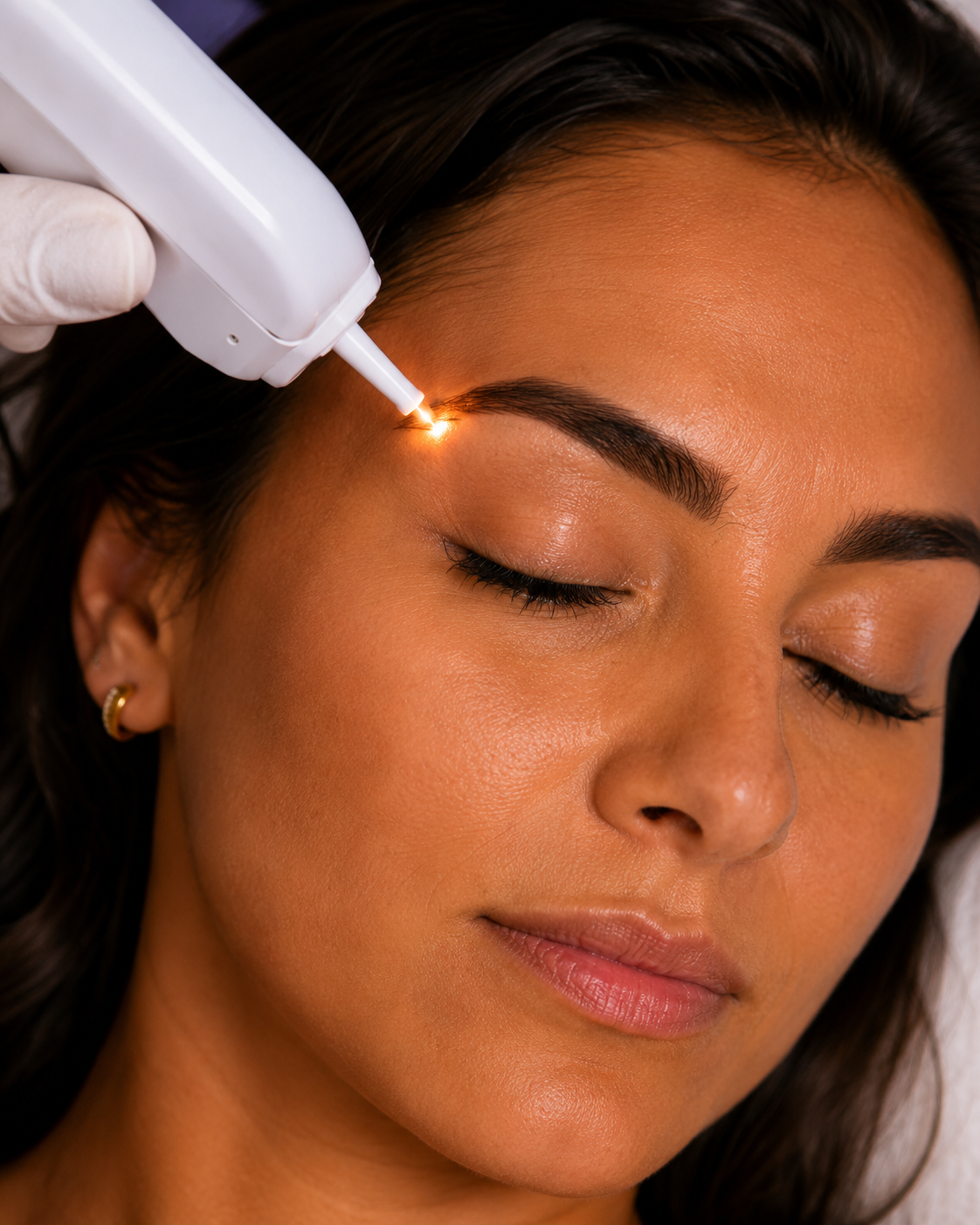 Aplicacao de laser proximo a sobrancelha.