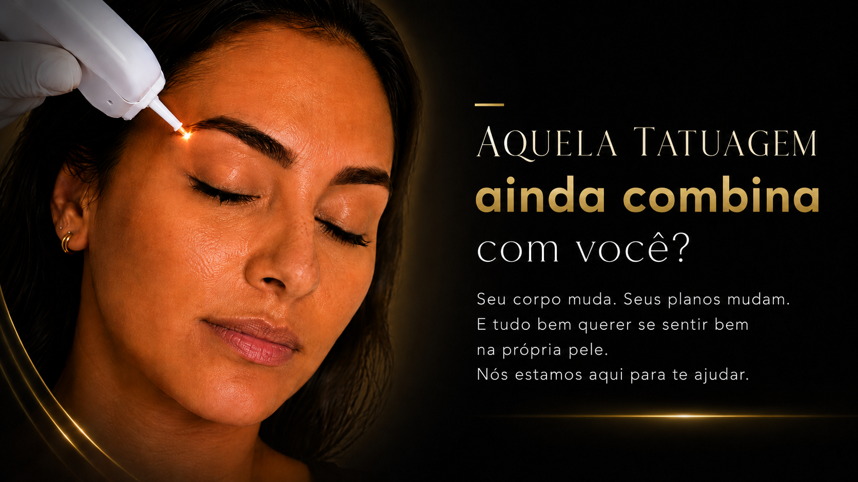 Pessoa recebendo aplicacao de laser com chamada sobre tatuagem.